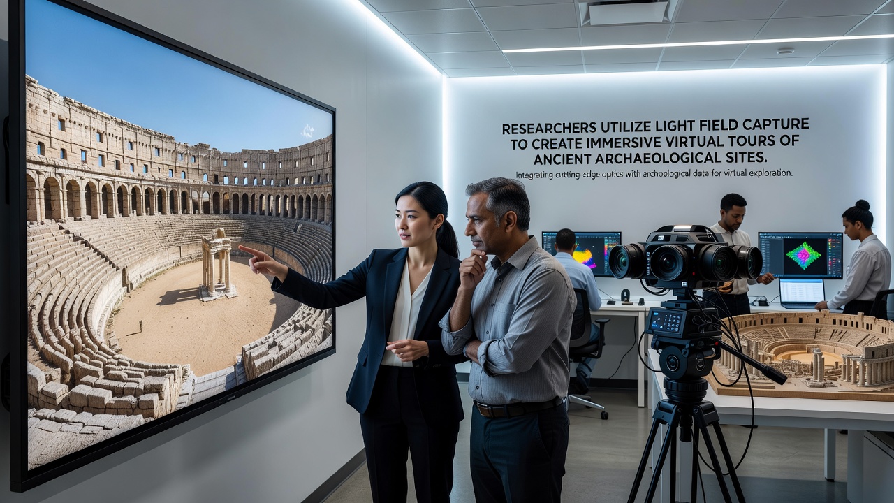 Virtual tour interface displaying a reconstructed ancient amphitheater with adjustable lighting
